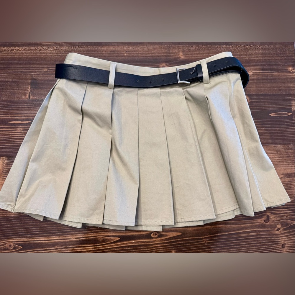 Sincerely Jules Khaki Pleated Mini Skirt with Black Belt